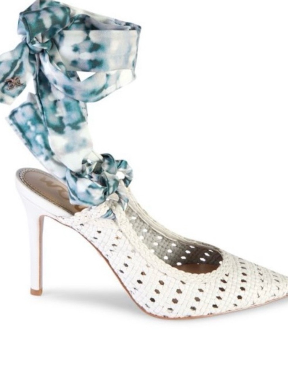 Sam Edelman White Woven Pointed-Toe Heels with Blue Tie Straps